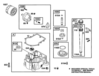 Sump Base, Oil Grp Diagram and Parts List for 42C777-1238-XX  Briggs and Stratton Engine